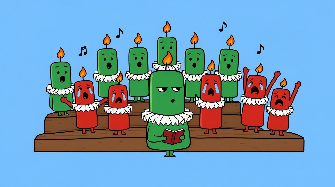 Wick, a deadpan green candle in a white choir ruff, sings from a hymn book in front of a choir of green candles singing and red candles crying