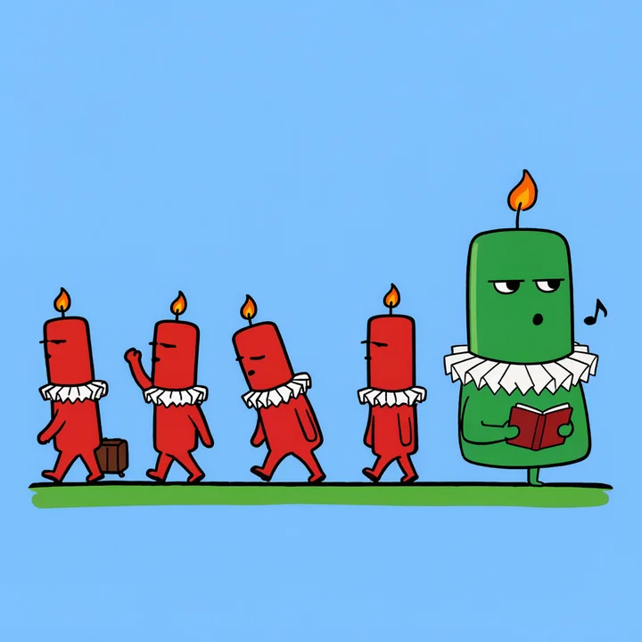 Red candles walk away carrying suitcases while one green candle stays and sings