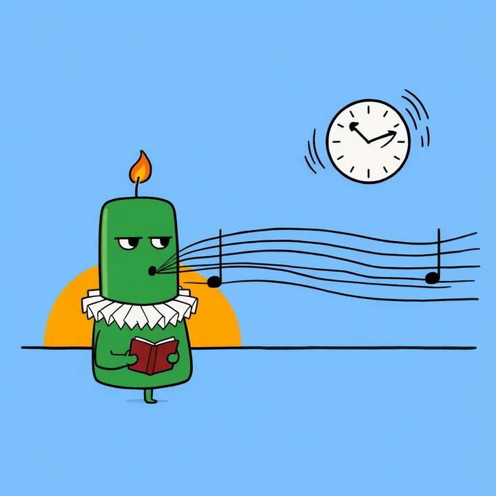 Wick sings one long note across the panel while the sun rises and a clock spins