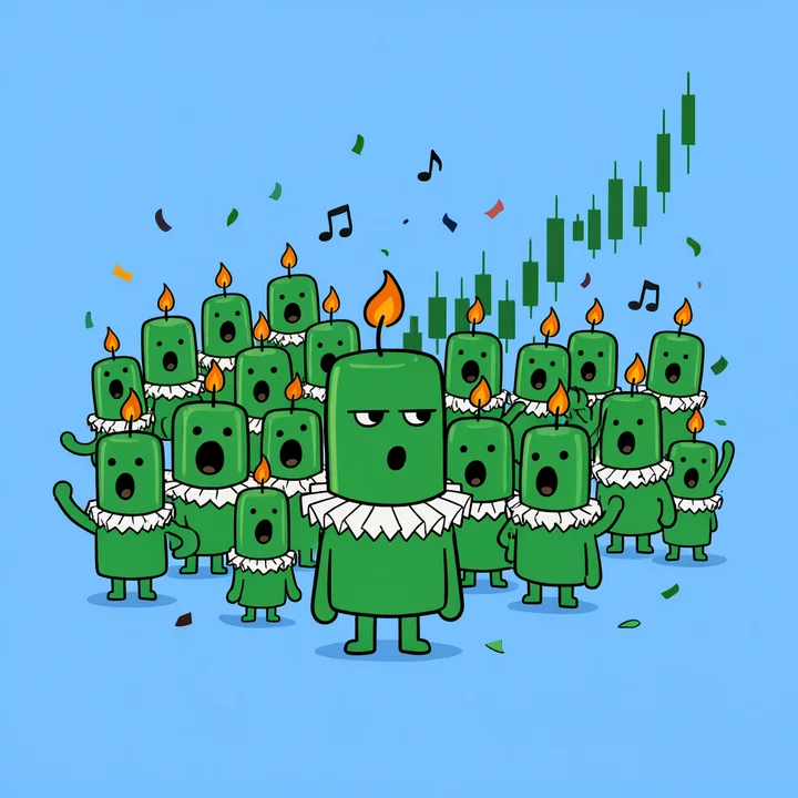 A crowd of green candles sings with Wick as a green chart climbs behind them